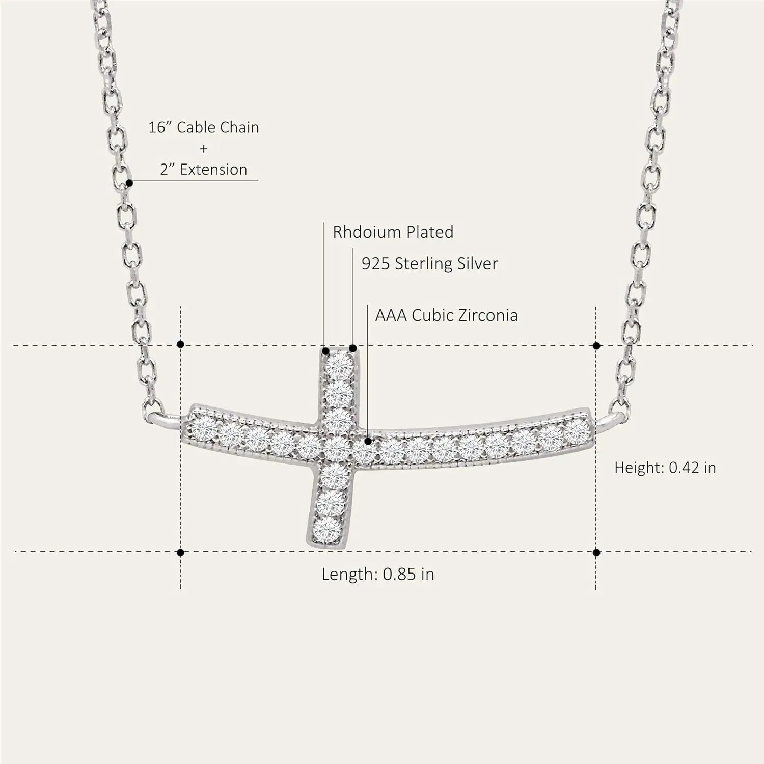 14K Gold Plated 925 Sterling Silver Cubic Zirconia Small Curved Sideways Cross Necklace for Women, 18 inch