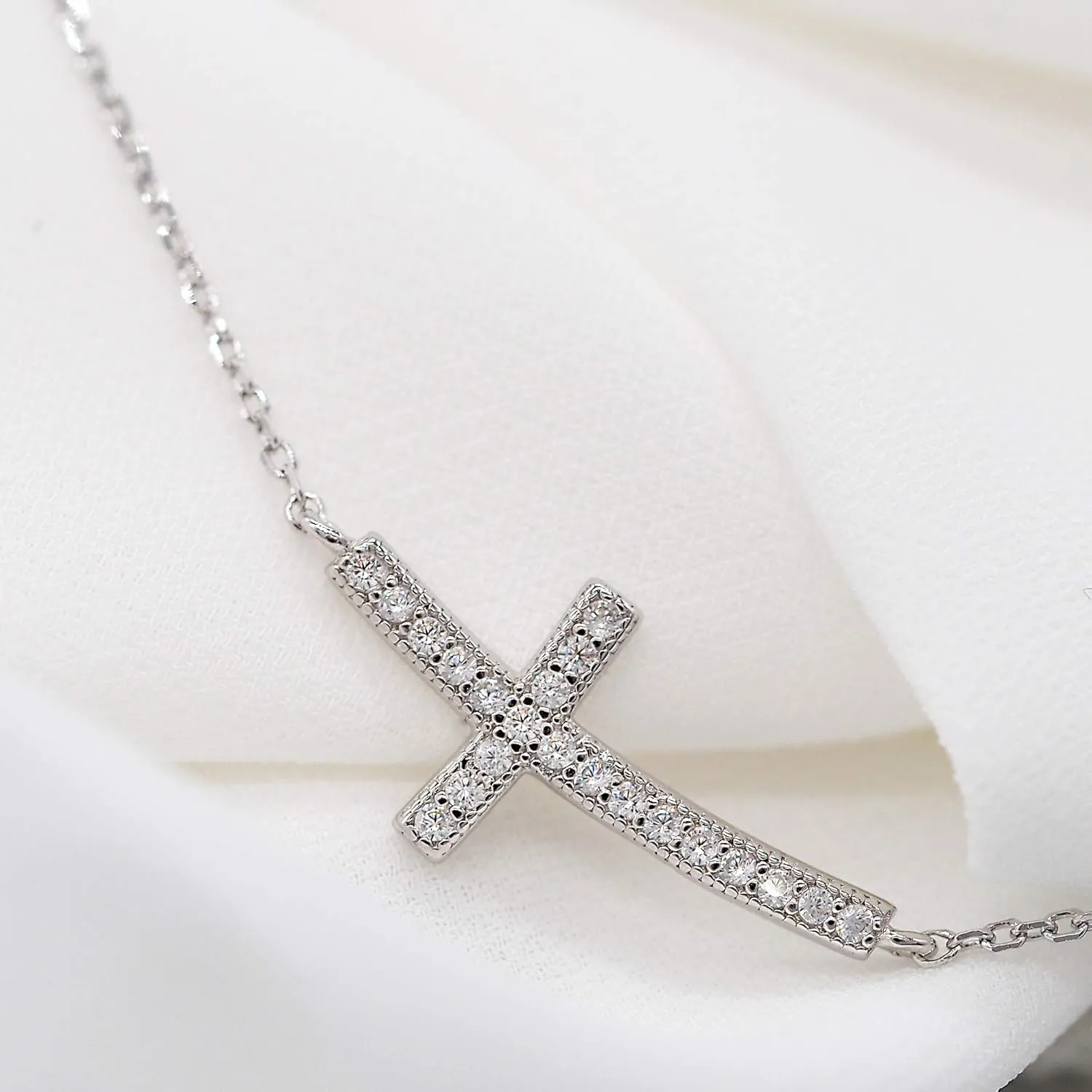 14K Gold Plated 925 Sterling Silver Cubic Zirconia Small Curved Sideways Cross Necklace for Women, 18 inch