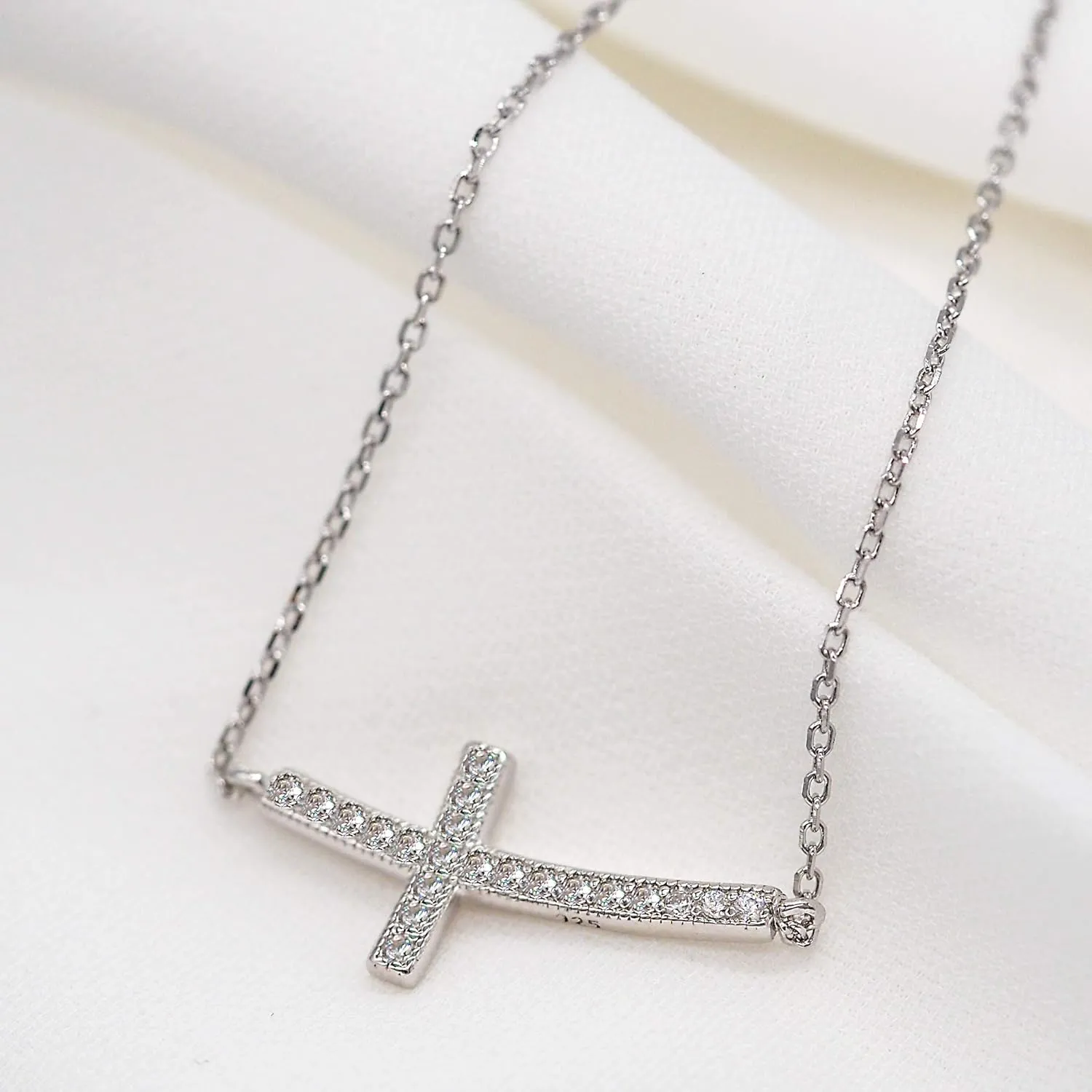 14K Gold Plated 925 Sterling Silver Cubic Zirconia Small Curved Sideways Cross Necklace for Women, 18 inch