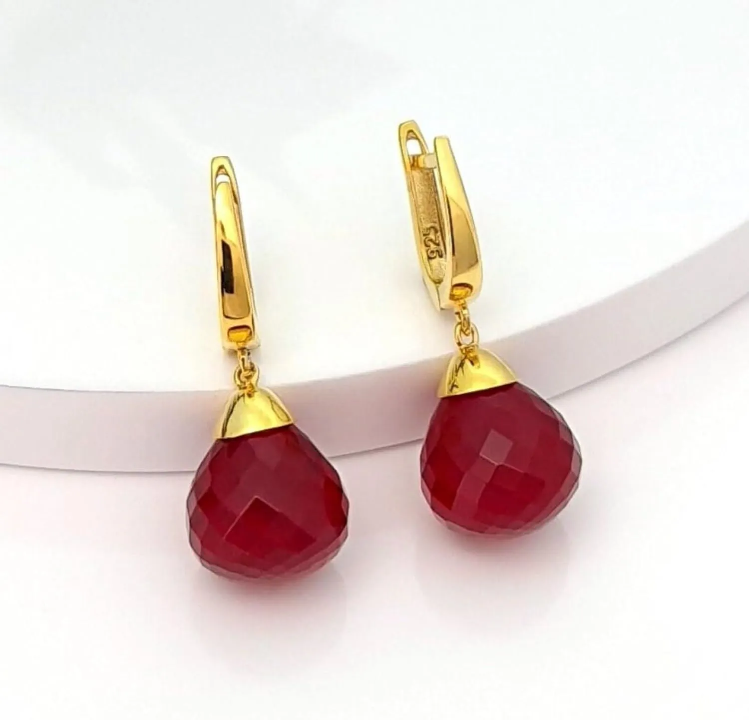 14K Gold Plated Dainty Coral Drop Earrings Small Hoop Coral Clip ON Earring for Women Elegant Wedding Bridal Red Stone Teardrop Dangle Earrings in 925 Silver