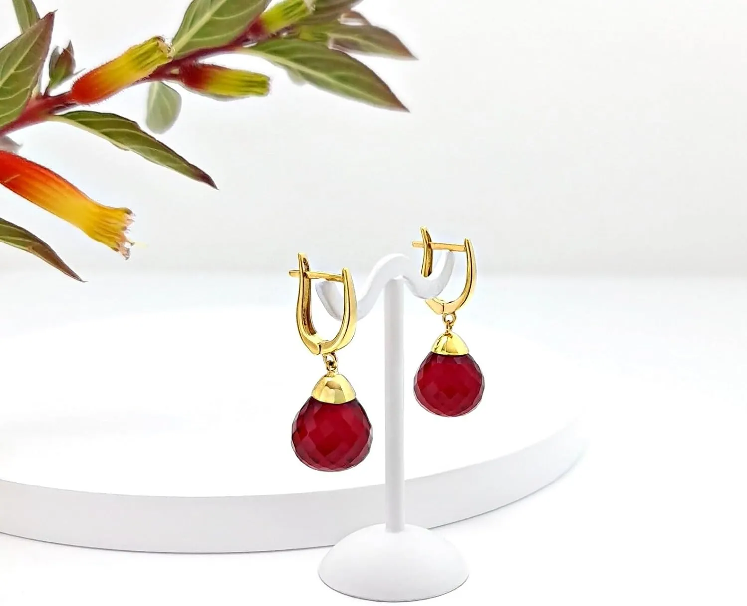 14K Gold Plated Dainty Coral Drop Earrings Small Hoop Coral Clip ON Earring for Women Elegant Wedding Bridal Red Stone Teardrop Dangle Earrings in 925 Silver