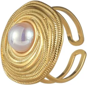 14K Gold Plated Statement Ring for Women Stainless Steel CZ Flower Ring Pearl Round Disc Rings Layered Wrap Finger Band Open Adjustable Chunky Ring