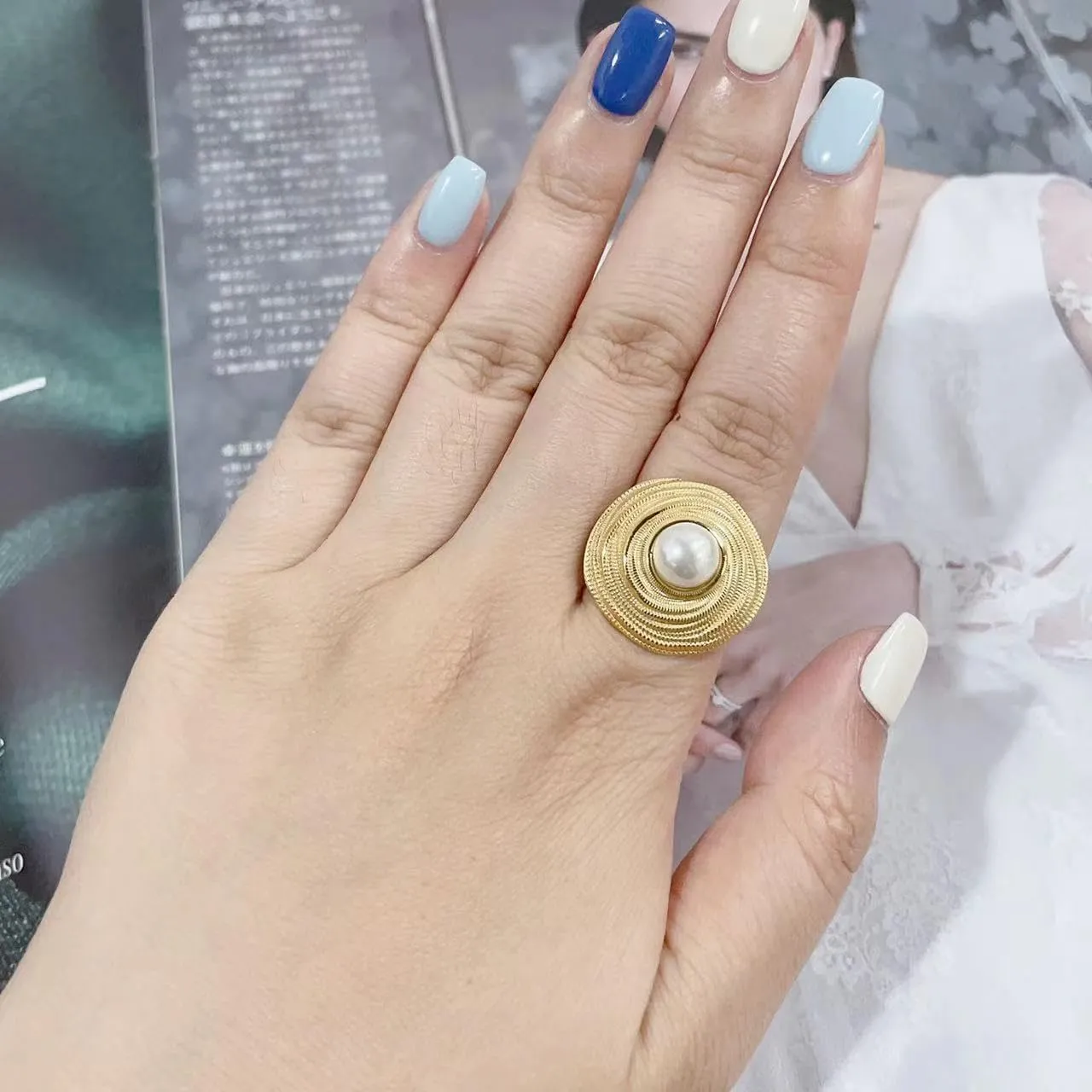 14K Gold Plated Statement Ring for Women Stainless Steel CZ Flower Ring Pearl Round Disc Rings Layered Wrap Finger Band Open Adjustable Chunky Ring