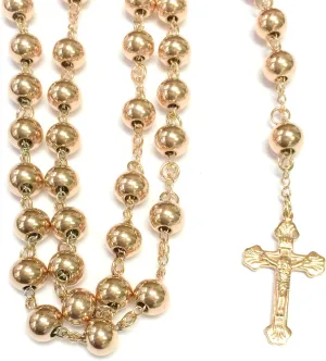 14k Rose Gold Finish 8MM Mens Rosary Chain Necklace Cross