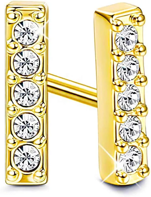 14K Yellow Gold Cubic Zirconia Minimalist Tiny Mini Bar Stud Earrings (Straight Bar)