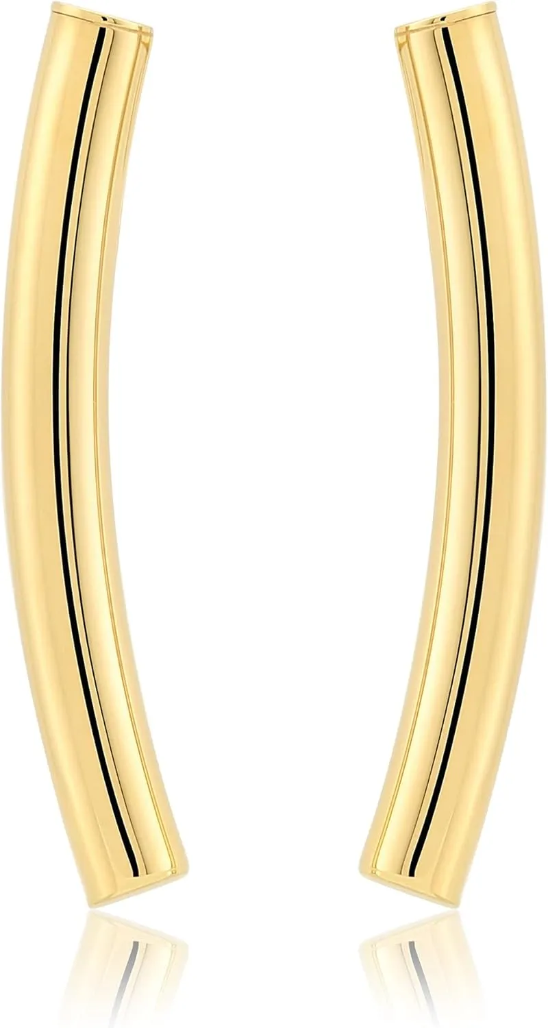 14k Yellow Gold Curved Bar Polished Stud Long Drop Earrings, 1 inch Drop