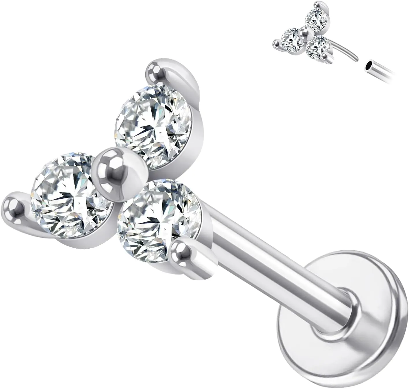 14K Yellow/White Gold Threadless Earring Top Push in 1 Pcs Triple Clear CZ Flat Back Nose Stud Threadless Cartilage Earring Helix Stud Tragus Piercing Jewelry for Women 6mm/8mm