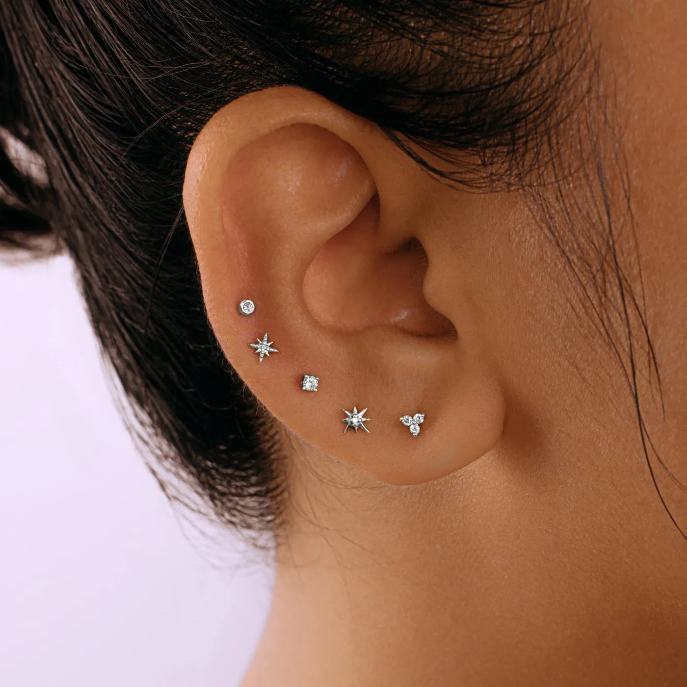 14K Yellow/White Gold Threadless Earring Top Push in 1 Pcs Triple Clear CZ Flat Back Nose Stud Threadless Cartilage Earring Helix Stud Tragus Piercing Jewelry for Women 6mm/8mm