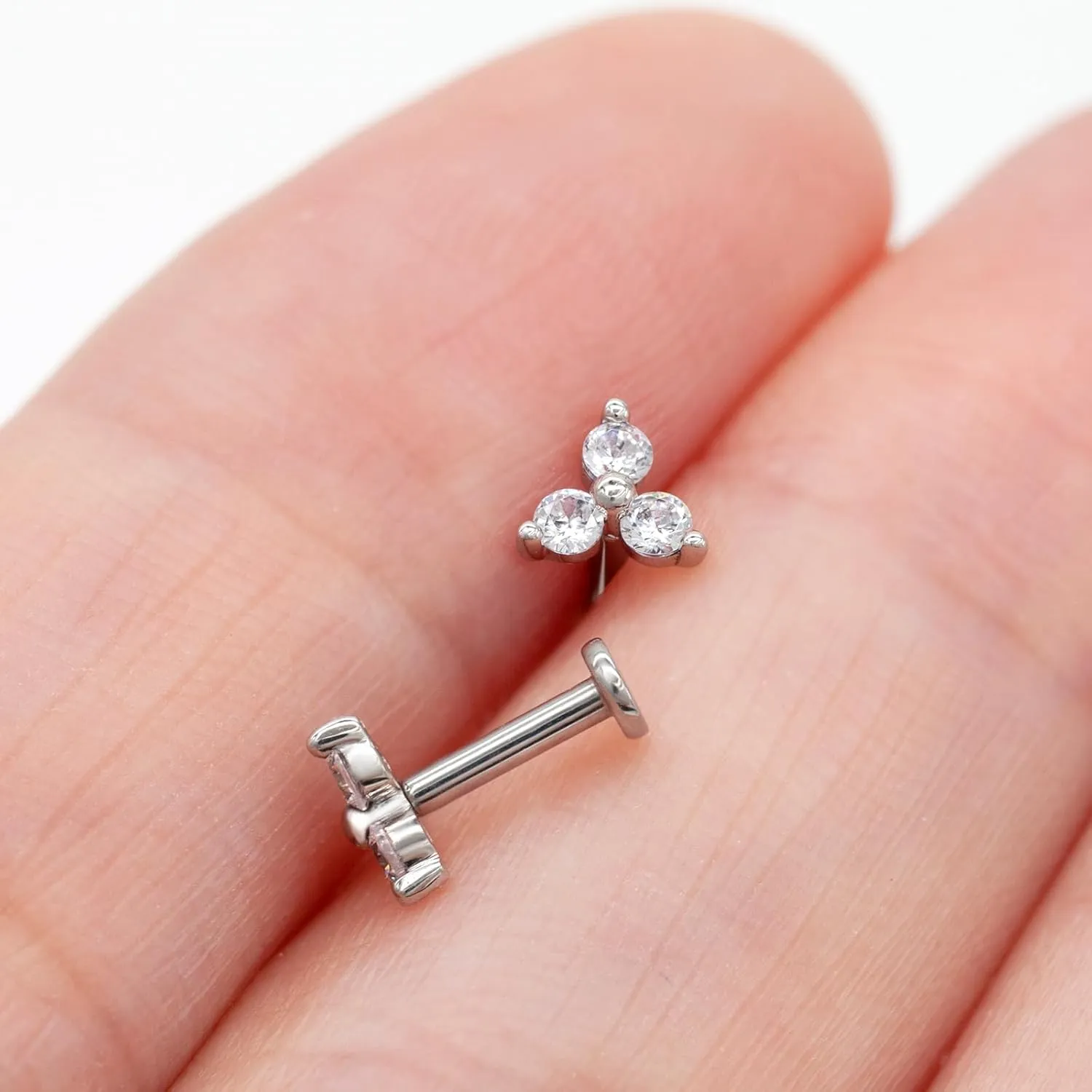 14K Yellow/White Gold Threadless Earring Top Push in 1 Pcs Triple Clear CZ Flat Back Nose Stud Threadless Cartilage Earring Helix Stud Tragus Piercing Jewelry for Women 6mm/8mm