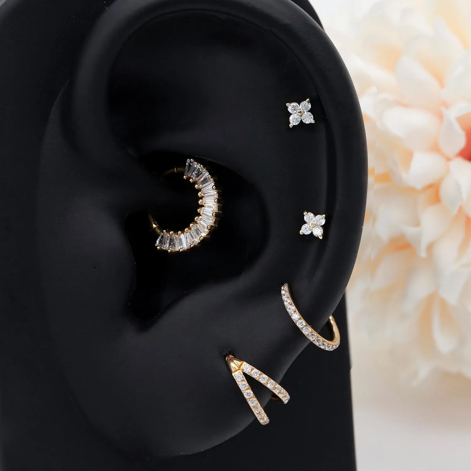 14K Yellow/White/Rose Gold Cartilage Earring Top Push in 1 Pcs Threadless Flower Flat Back Stud Nose Stud Lip Ring 16G Helix Tragus Piercing Jewelry for Women 6mm 8mm