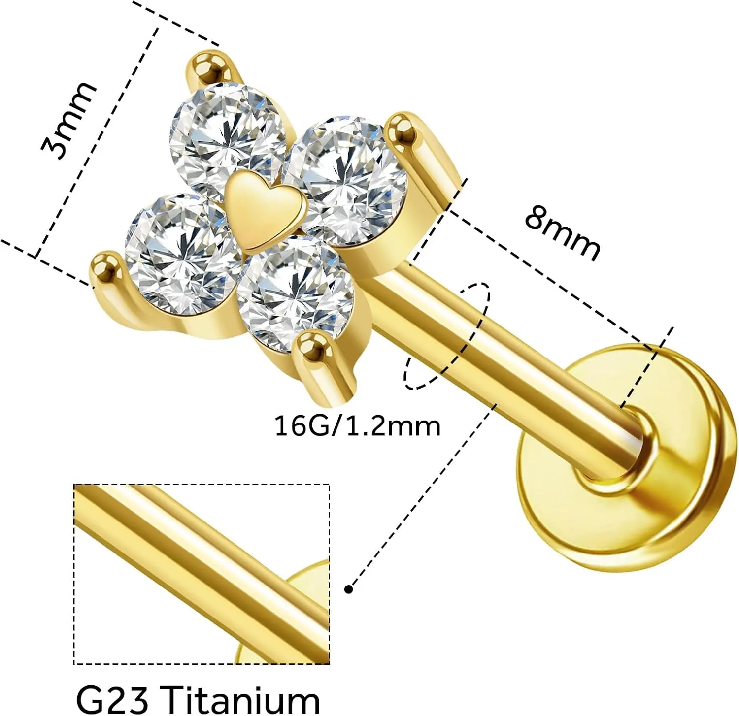 14K Yellow/White/Rose Gold Cartilage Earring Top Push in 1 Pcs Threadless Flower Flat Back Stud Nose Stud Lip Ring 16G Helix Tragus Piercing Jewelry for Women 6mm 8mm