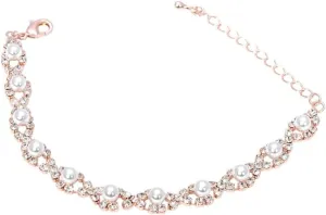(15006-600) Wedding Bracelet Rose Gold Plating Faux Pearl Link Bracelet