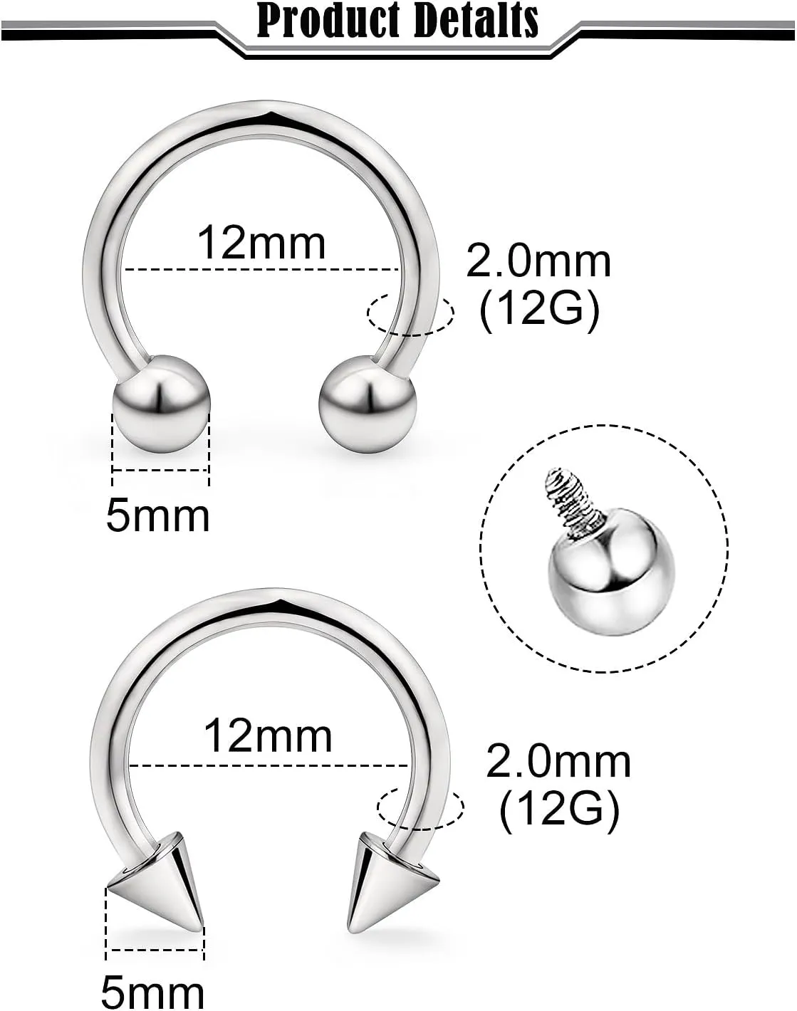 16G 14G 12G G23 Titanium Septum Rings Implant Grade Septum Piercings Horseshoes Lip Eyebrow Nose Ring Medical Cartilage Tragus Helix Rook Hoop Earring Piercing Jewelry for Women Men 8mm 10mm