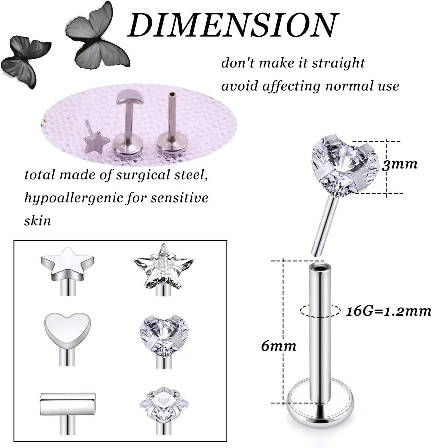 16G Lip Rings Surgical Stainless Steel Labret Jewelry Medusa Monroe Snake Bite Lip Ring Piercing Jewelry Tragus Helix Cartilage Forward Earrings Piercing Jewelry for Women Men Silver