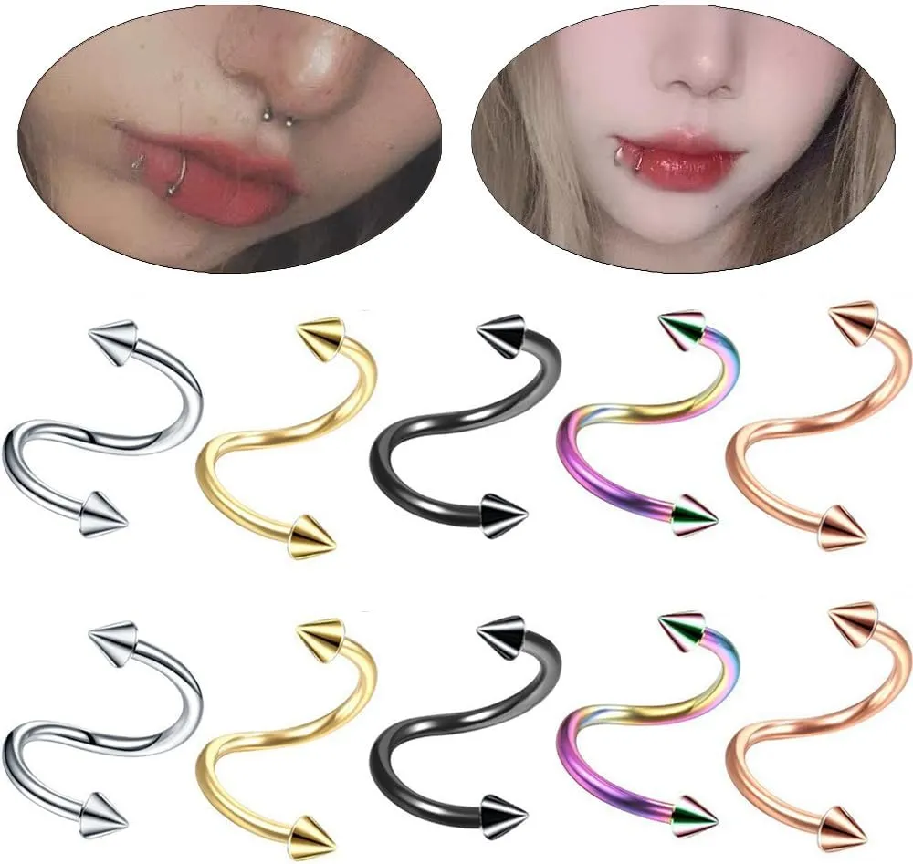 16G Spike Lip Rings Surgical Steel Spiral Lip Rings Cartilage Helix Tragus Earrings Hoop Nose Rings Eyebrow Rings Hypoallergenic Body Piercing Jewelry 2Pcs