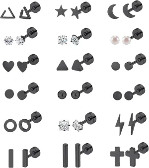 18 Pairs Stainless Steel Stud Earrings Set for Women Men Star Moon flower Heart Leaf Opal 20G Cartilage Earrings Hypoallergenic Flatback Earrings Piercing Jewelry