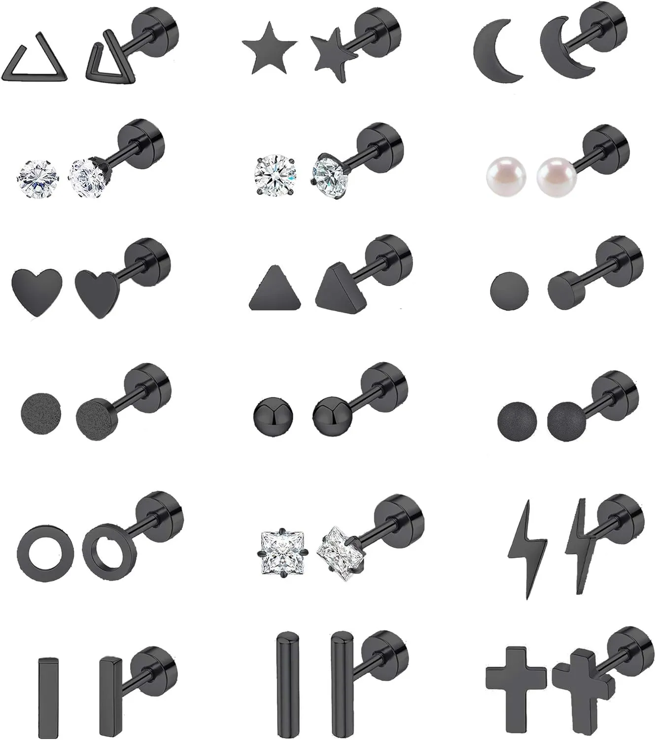 18 Pairs Stainless Steel Stud Earrings Set for Women Men Star Moon flower Heart Leaf Opal 20G Cartilage Earrings Hypoallergenic Flatback Earrings Piercing Jewelry