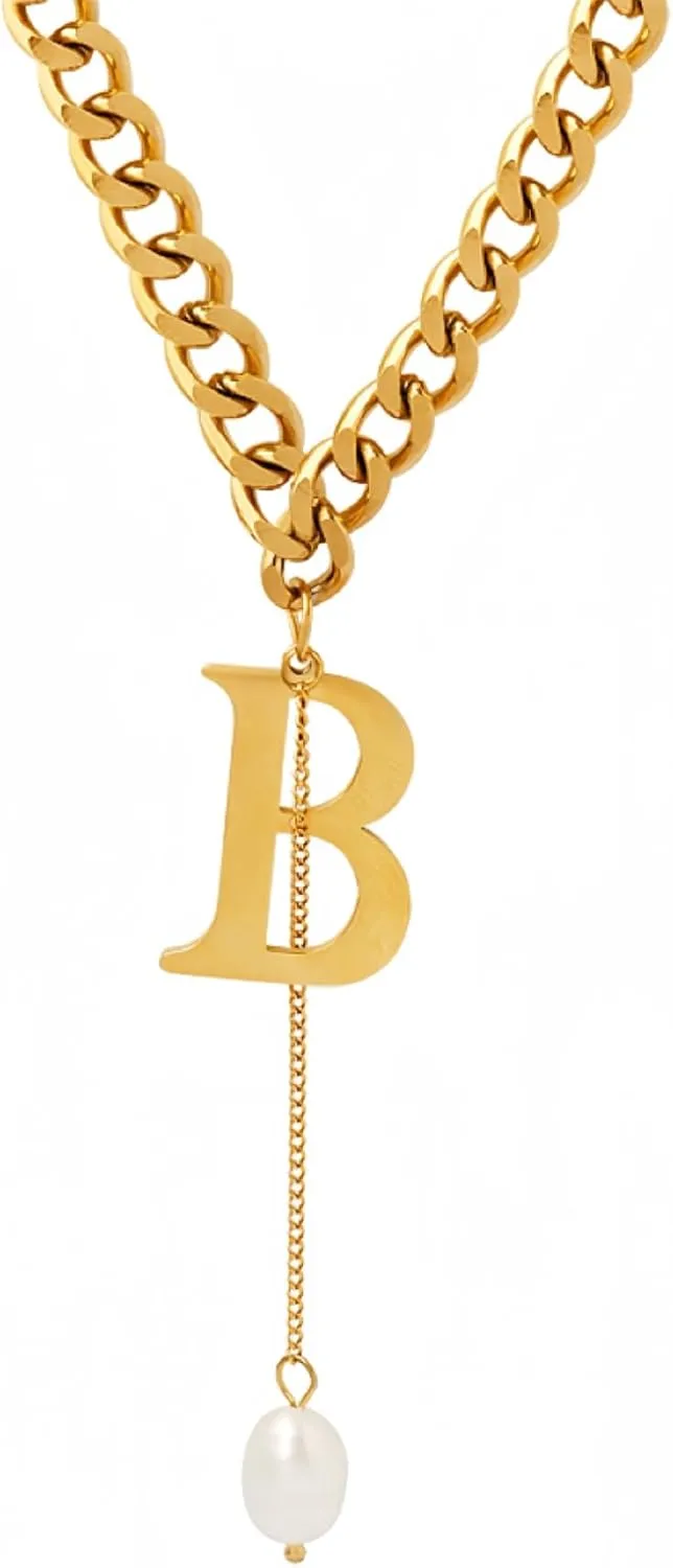18K Gold Plated Bubble Necklace with Initial B and Pearl Accents - Women's Personalized Jewelry, Classic Elegant Style, Adjustable Chain