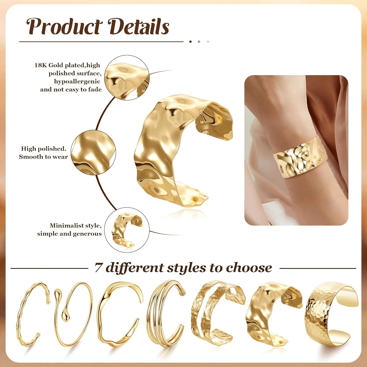 18K Gold Plated Cuff Bracelets for Women Open Adjustable Gold Cuff Bangle Bracelets Thick Hammered Wrist Cuff Bracelets Thin Minimalist Gold Cuff Bracelet