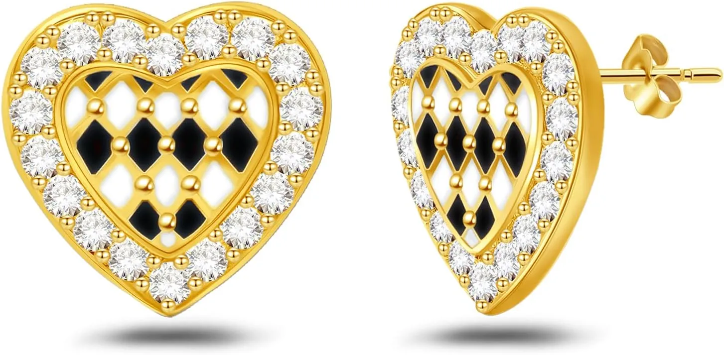 18K Gold Plated Sterling Sliver Heart-Shaped Checkerboard Stud Earrings for Women Hypoallergenic Cubic Zirconia Lightweight Charming Stud Earrings for Your Sensitive Ears