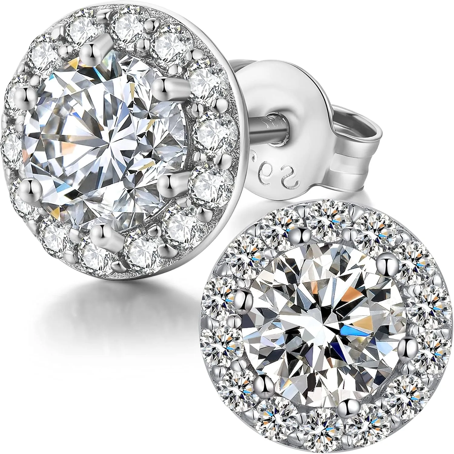 18K White Gold Plated Halo Stud Earrings Sparkle Simulated Diamond Earrings for Women Men s925 Sterling Silver 5A  Cubic Zirconia Hypoallergenic Earrings Multiple Colors