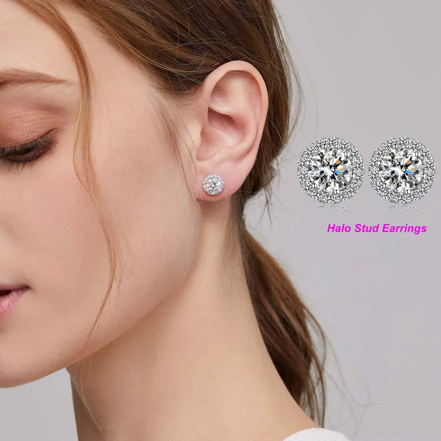 18K White Gold Plated Halo Stud Earrings Sparkle Simulated Diamond Earrings for Women Men s925 Sterling Silver 5A  Cubic Zirconia Hypoallergenic Earrings Multiple Colors