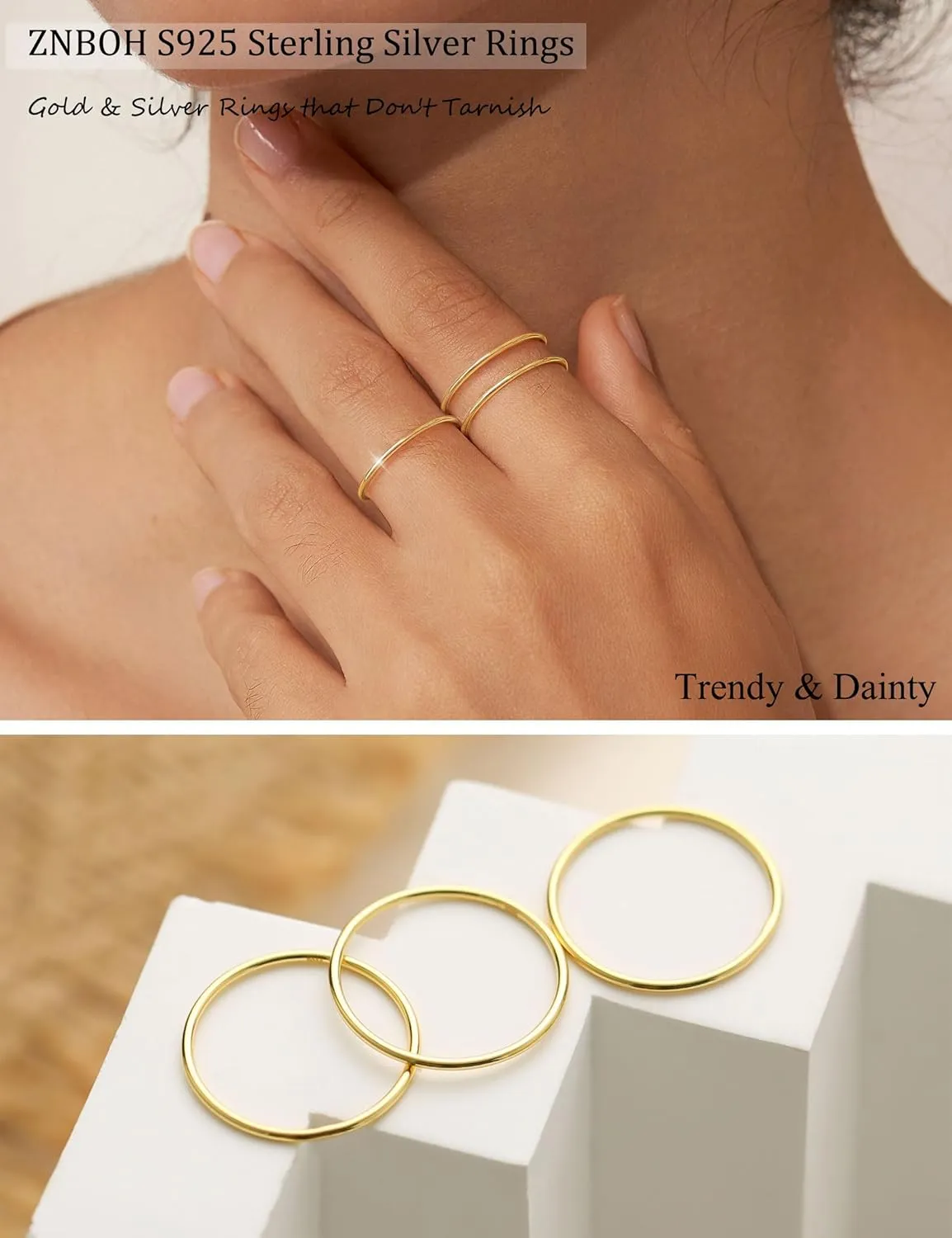 1mm S925 Sterling Silver Rings for Women Non Tarnish 14K Gold Filled Thin Stackable Thumb Rings Set for Men Pinky Stacking Dainty Knuckle Band Cute Ring Jewelry Gift Comfort Fit Size 6 to 10