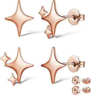 2 Pairs Rose Gold Plated Stars Stud Earrings for Women Trendy 14K Rose Gold Plated Stud Earrings for Hypoallergenic Jewelry