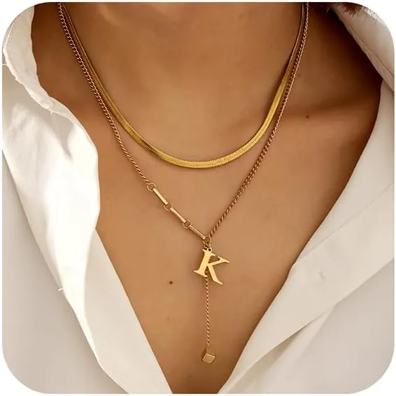 2-Pcs Initial Necklaces for Women ?C Trendy Gold Layered Necklaces Adjustable 14K Gold Plated Jewelry Y-Necklaces Gift for Her