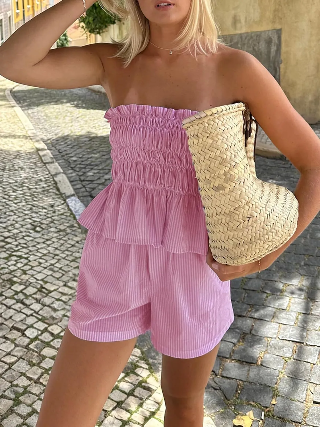 2 Piece Y2k Pajamas Set Women Striped Ruffle Hem Strapless Top Sleepwear Lounge Pj Boxer Shorts Matching Set