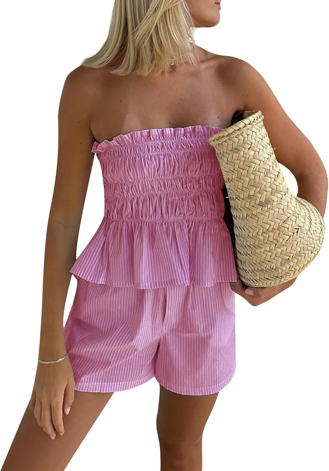2 Piece Y2k Pajamas Set Women Striped Ruffle Hem Strapless Top Sleepwear Lounge Pj Boxer Shorts Matching Set