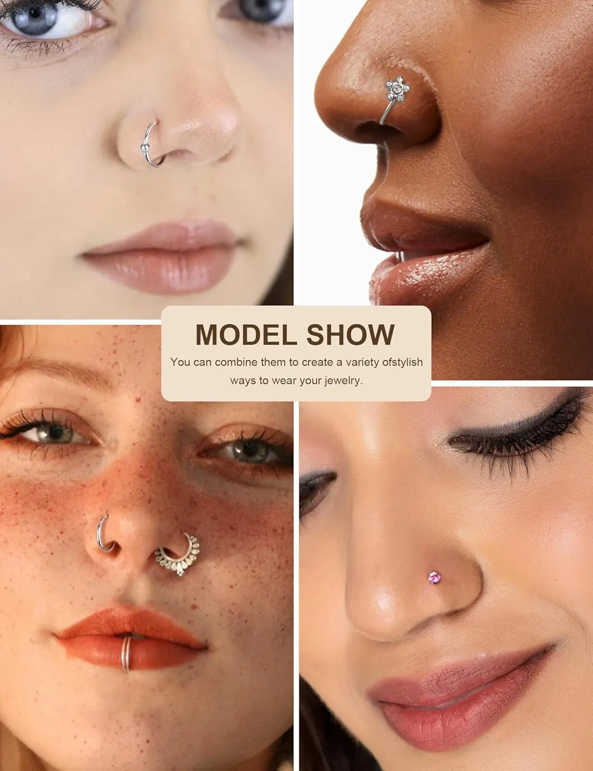 20G Nose Rings 316L Stainless Steel Hoop L Shape Nose Studs Nose Screw Bone Silver Pack for Women Men 38Pcs