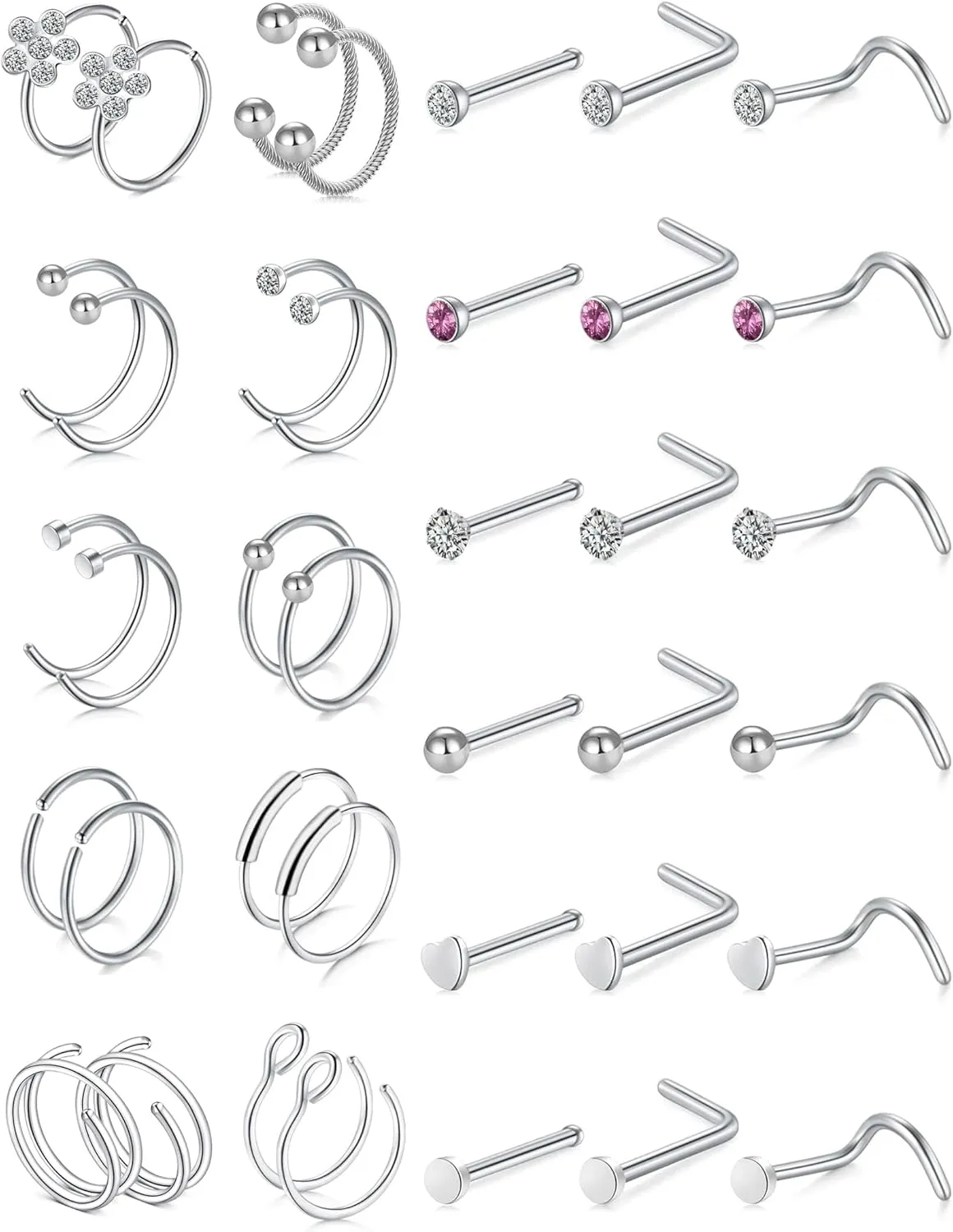 20G Nose Rings 316L Stainless Steel Hoop L Shape Nose Studs Nose Screw Bone Silver Pack for Women Men 38Pcs
