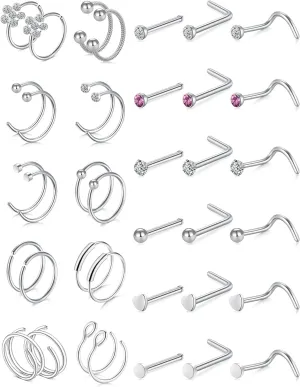 20G Nose Rings 316L Stainless Steel Hoop L Shape Nose Studs Nose Screw Bone Silver Pack for Women Men 38Pcs