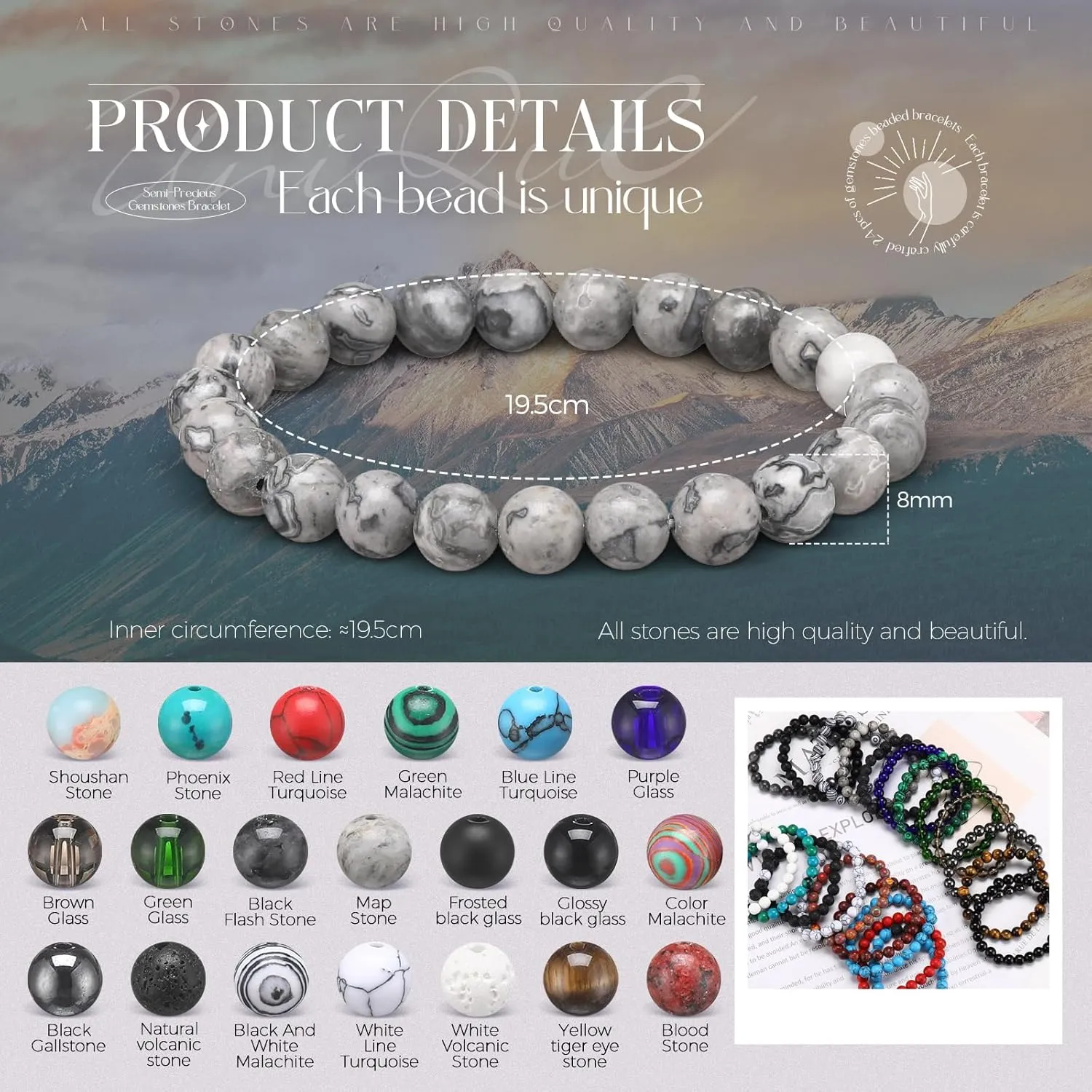 24 Pcs 8mm Gemstones Beaded Bracelets for Men Women Stretch Round Bead Bracelets Set Healing Crystal Stone Bracelets Semi Precious Bracelets