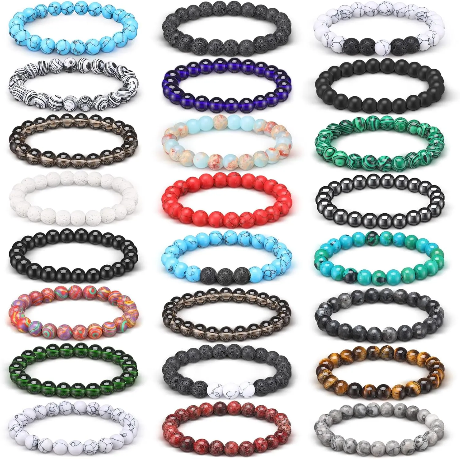 24 Pcs 8mm Gemstones Beaded Bracelets for Men Women Stretch Round Bead Bracelets Set Healing Crystal Stone Bracelets Semi Precious Bracelets