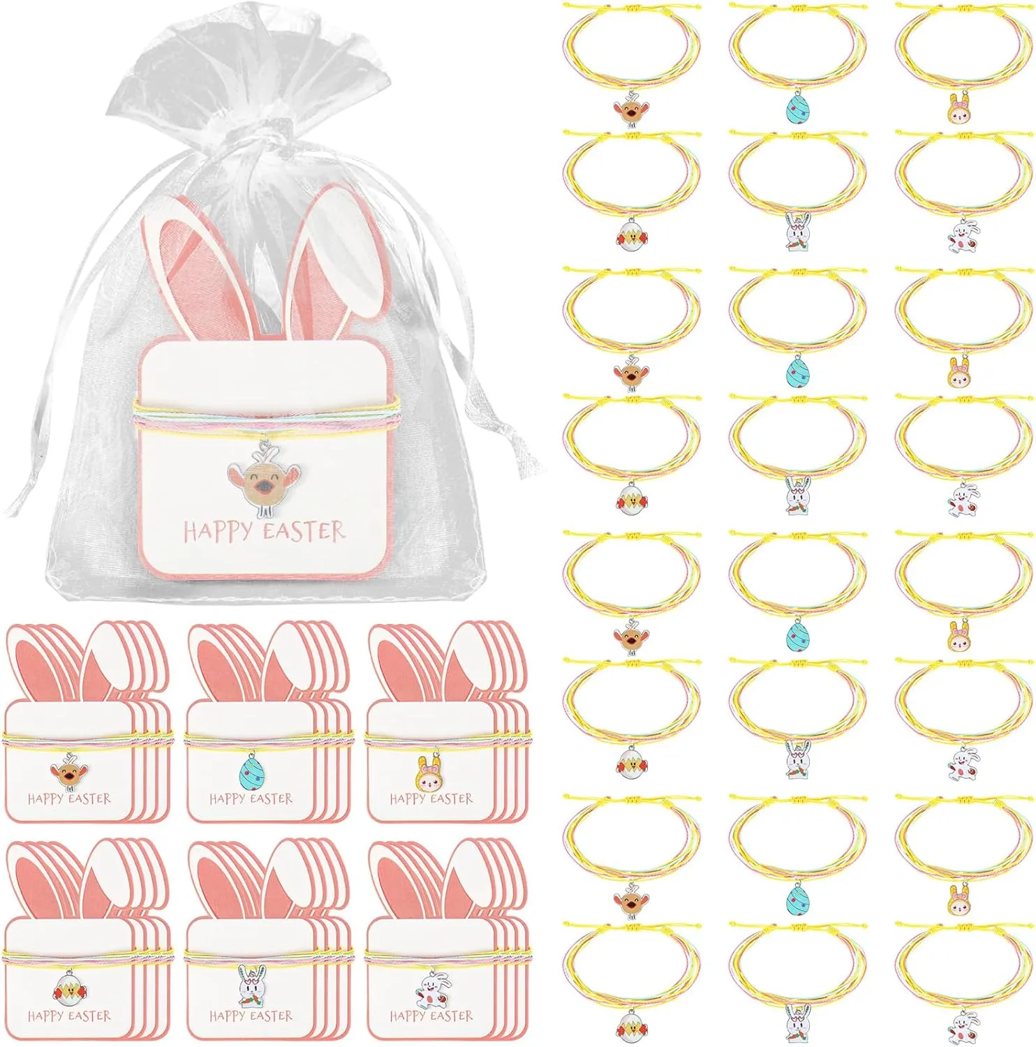 24 Sets Easter Bracelets with Cards, Happy Easter Gifts for Girls Women String Bracelets Bulk Cute Adjustable Bunny Egg Charm Bracelets for Teens Easter Basket Stuffers Jewelry