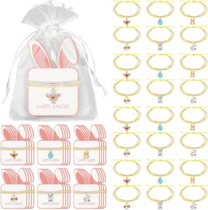 24 Sets Easter Bracelets with Cards, Happy Easter Gifts for Girls Women String Bracelets Bulk Cute Adjustable Bunny Egg Charm Bracelets for Teens Easter Basket Stuffers Jewelry