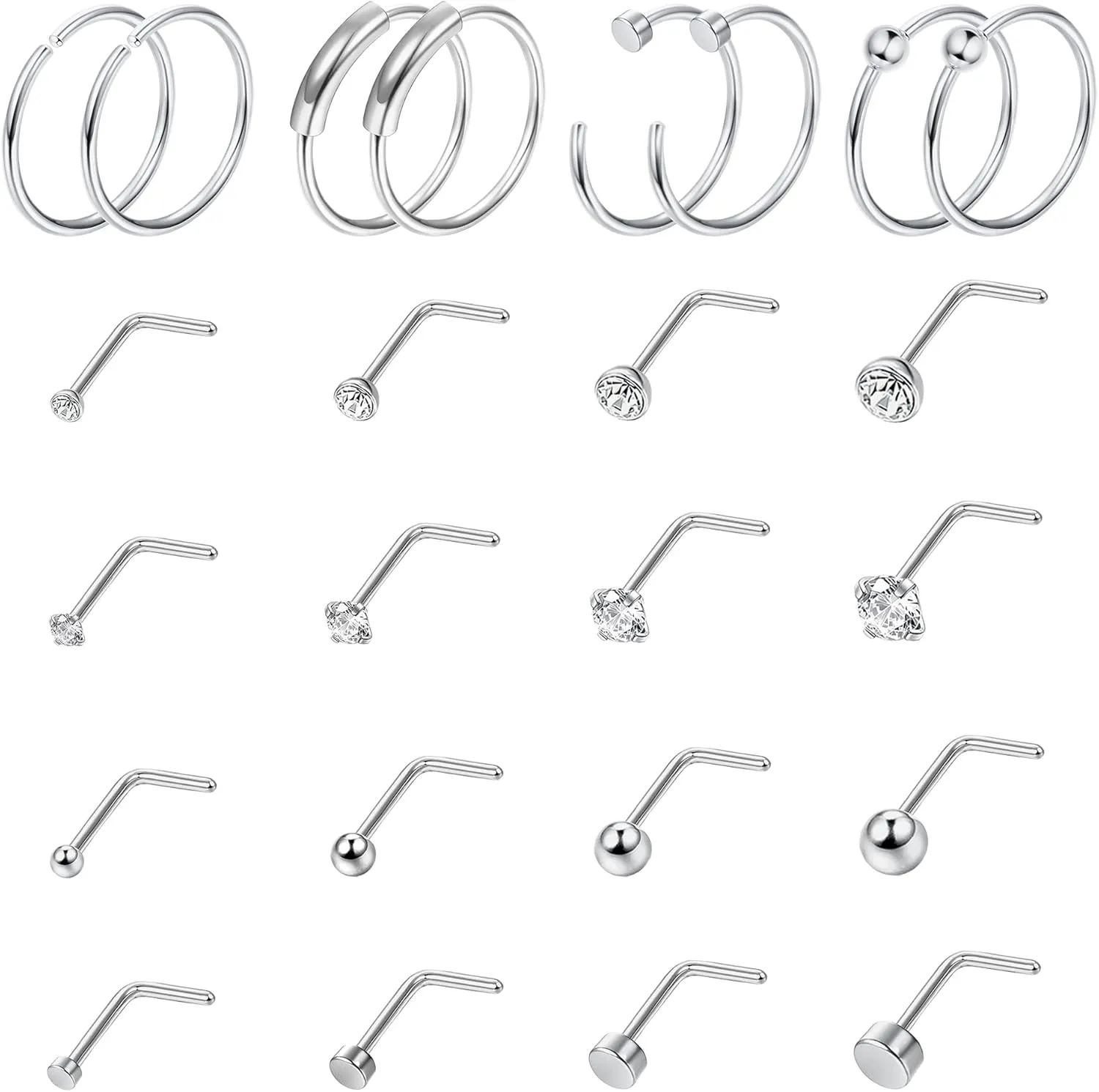 24PCS 20G Nose Ring Studs Stainless Steel Nose Rings Hoop Bone Screw L-Shaped Nose Studs 8MM Hoop Nose Piercing Jewelry for Women Men