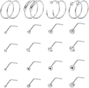 24PCS 20G Nose Ring Studs Stainless Steel Nose Rings Hoop Bone Screw L-Shaped Nose Studs 8MM Hoop Nose Piercing Jewelry for Women Men