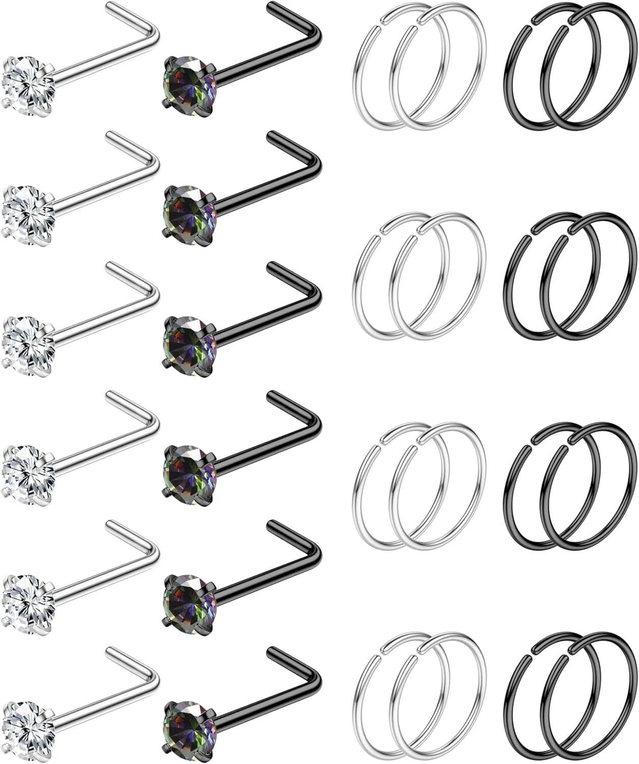 28PCS Hypoallergenic Nose Rings Hoops Studs - 316L Stainless Steel Nose Ring for Women Men - L Shaped CZ Nose Stud Hoop Nostril Piercings Jewelry Set 18G 20G 22G Silver Rose Gold Black Rainbow