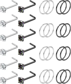 28PCS Hypoallergenic Nose Rings Hoops Studs - 316L Stainless Steel Nose Ring for Women Men - L Shaped CZ Nose Stud Hoop Nostril Piercings Jewelry Set 18G 20G 22G Silver Rose Gold Black Rainbow