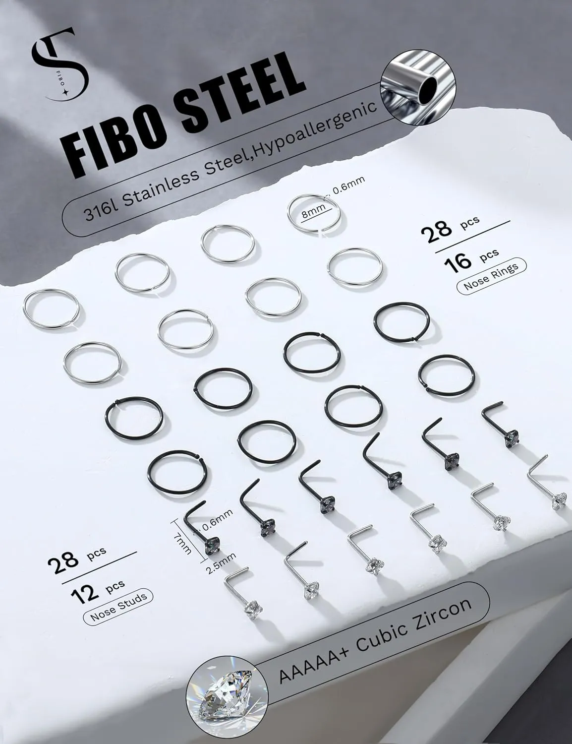 28PCS Hypoallergenic Nose Rings Hoops Studs - 316L Stainless Steel Nose Ring for Women Men - L Shaped CZ Nose Stud Hoop Nostril Piercings Jewelry Set 18G 20G 22G Silver Rose Gold Black Rainbow