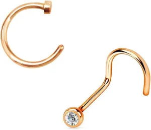 2PCS 316L Surgical Steel PVD Rose Gold Nose Rings Set 18G 20G Nose Screw Stud 6mm 1/4 Inch C Shaped Half Hoop 10mm 3/8 Inch Nostril Piercing Jewelry