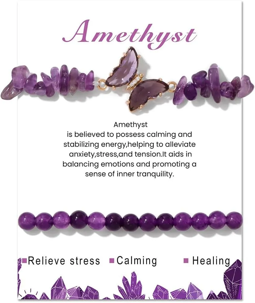 2Pcs Butterfly Bracelets - Healing Bracelets for Women, 6mm Natural Stone, Layered Anxiety Bracelet