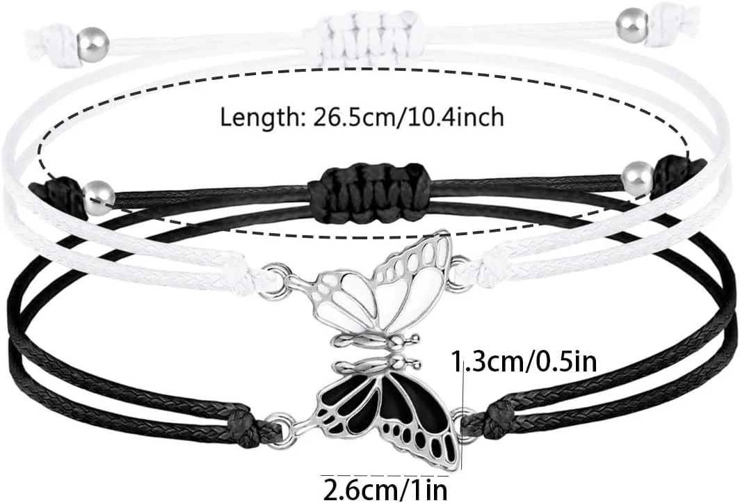 2Pcs Butterfly Matching Bracelets BFF Csouple Bracelets Adjustable Handmadec Braided Strand Best Friends Bracelets Friendship Charm Bracelet Woven Beaded Bracelets for 2-Butterfly Valentine's Day Jewelry Gifts for Women Men Couples Wife