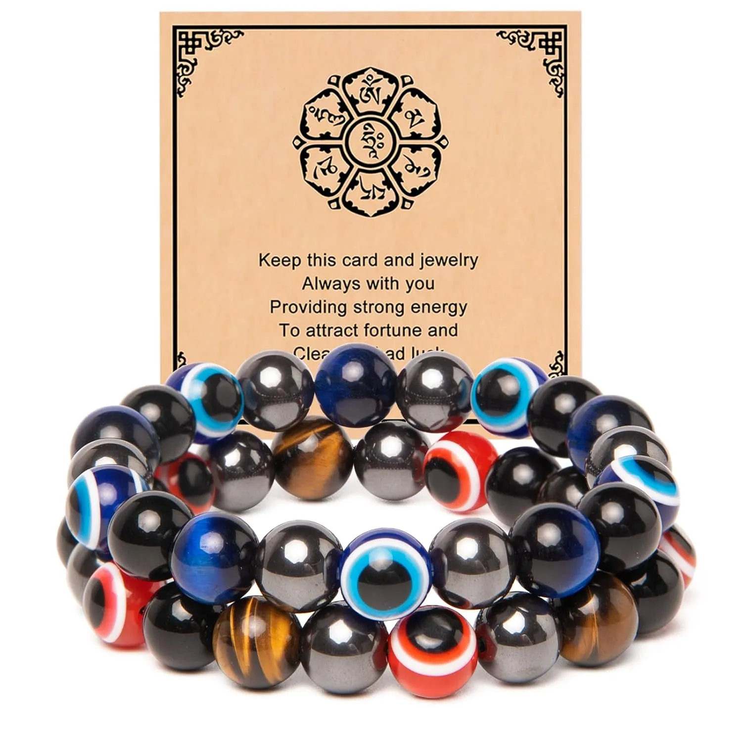 2Pcs Evil Eyes Bracelets for Women/Men-10mm Evil Eye Decor Hematite Tiger Eye Obsidian Bracelets- Healing Bracelets for Men/Women Dad Mom Son Daughter Friends