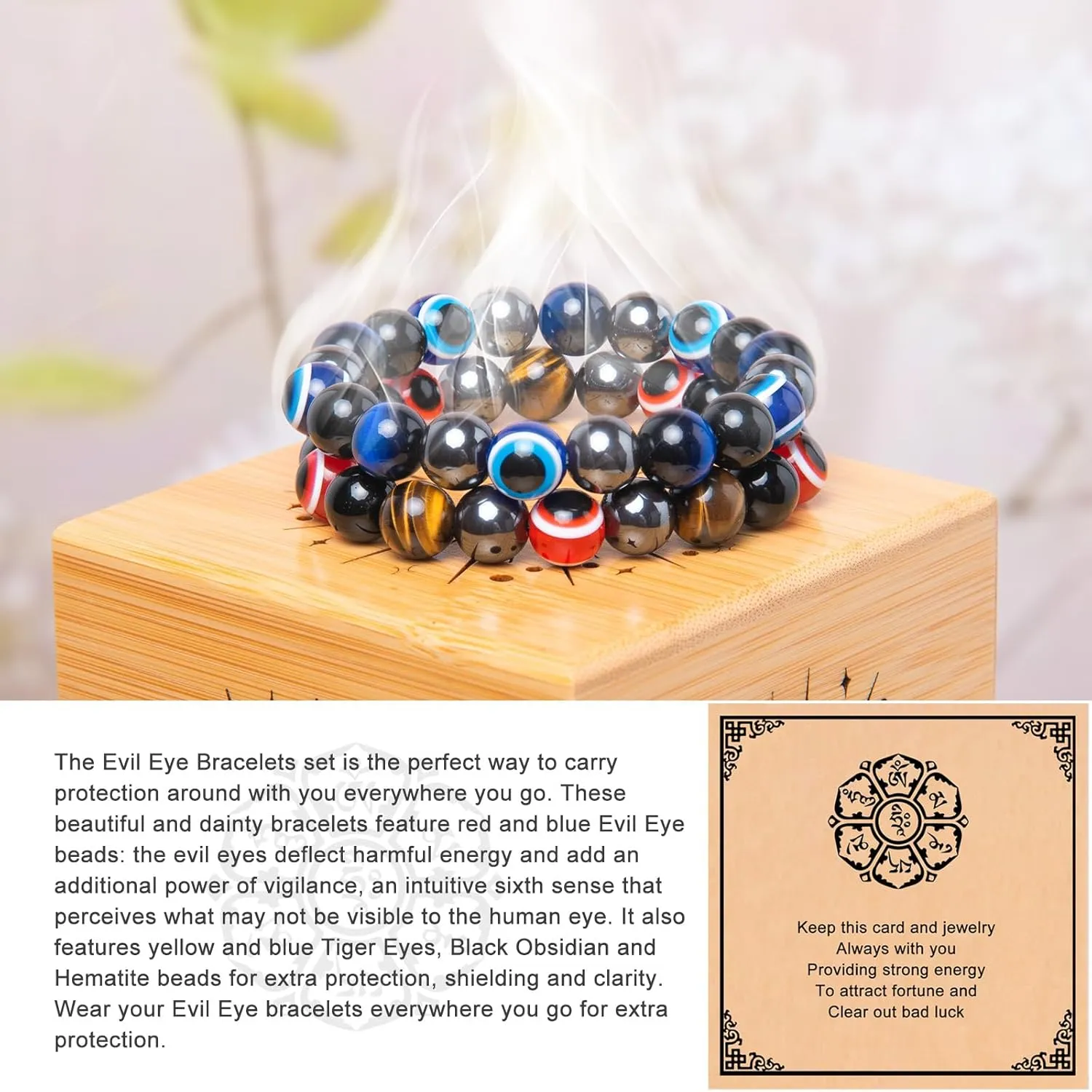 2Pcs Evil Eyes Bracelets for Women/Men-10mm Evil Eye Decor Hematite Tiger Eye Obsidian Bracelets- Healing Bracelets for Men/Women Dad Mom Son Daughter Friends