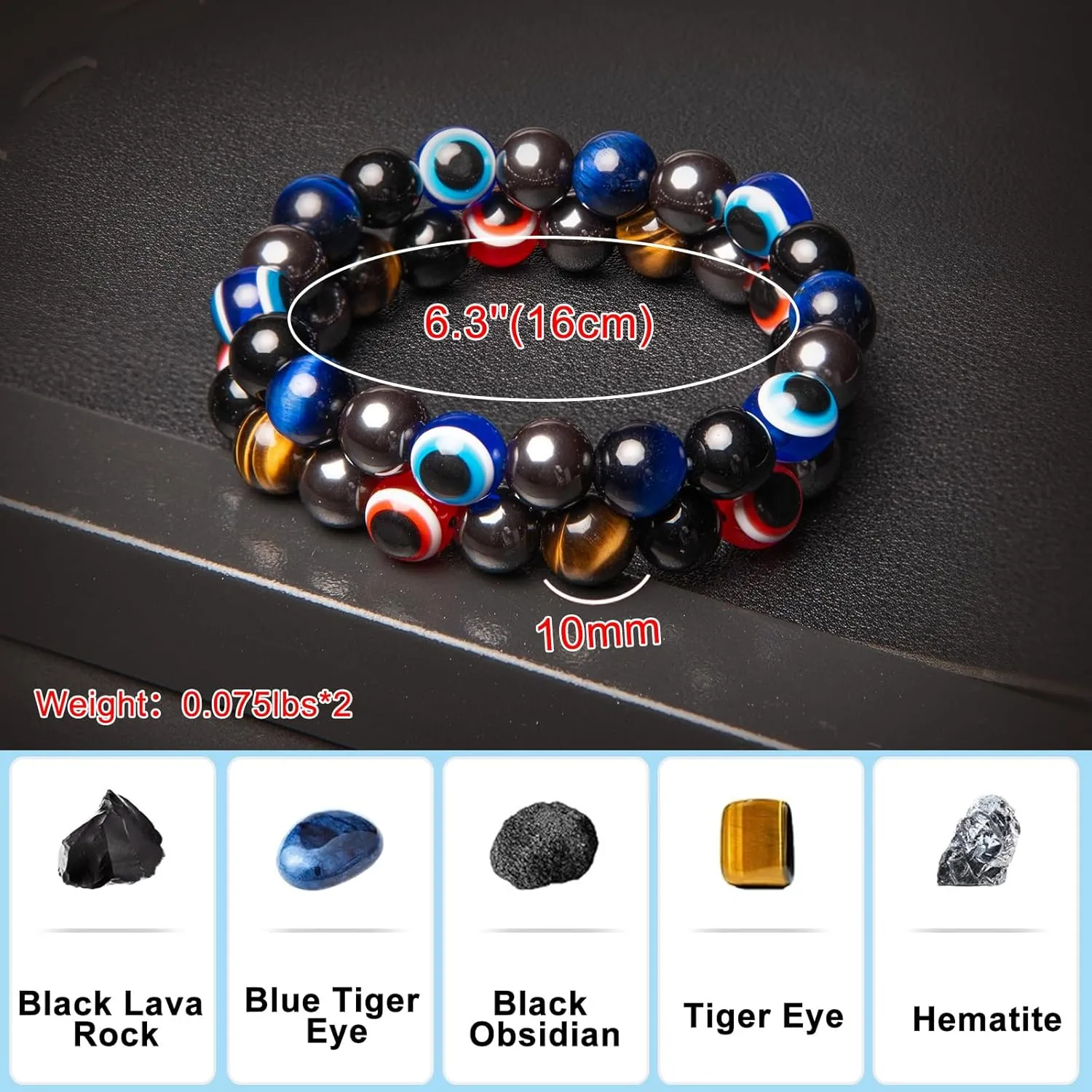 2Pcs Evil Eyes Bracelets for Women/Men-10mm Evil Eye Decor Hematite Tiger Eye Obsidian Bracelets- Healing Bracelets for Men/Women Dad Mom Son Daughter Friends