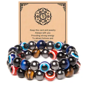 2Pcs Evil Eyes Bracelets for Women/Men-10mm Evil Eye Decor Hematite Tiger Eye Obsidian Bracelets- Healing Bracelets for Men/Women Dad Mom Son Daughter Friends